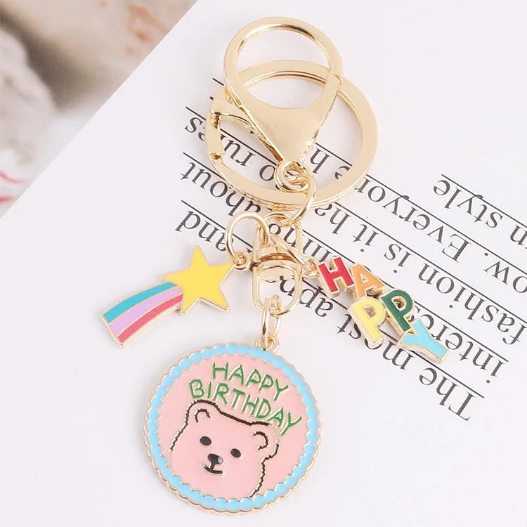 Cartoon Birthday Bear Rainbow Keychain