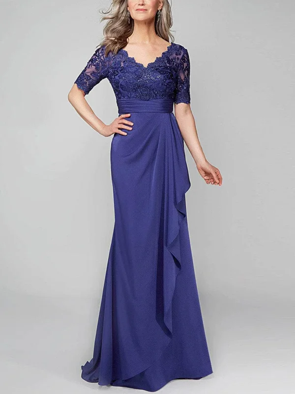 V-neck sequined lace solid color short-sleeved long dress