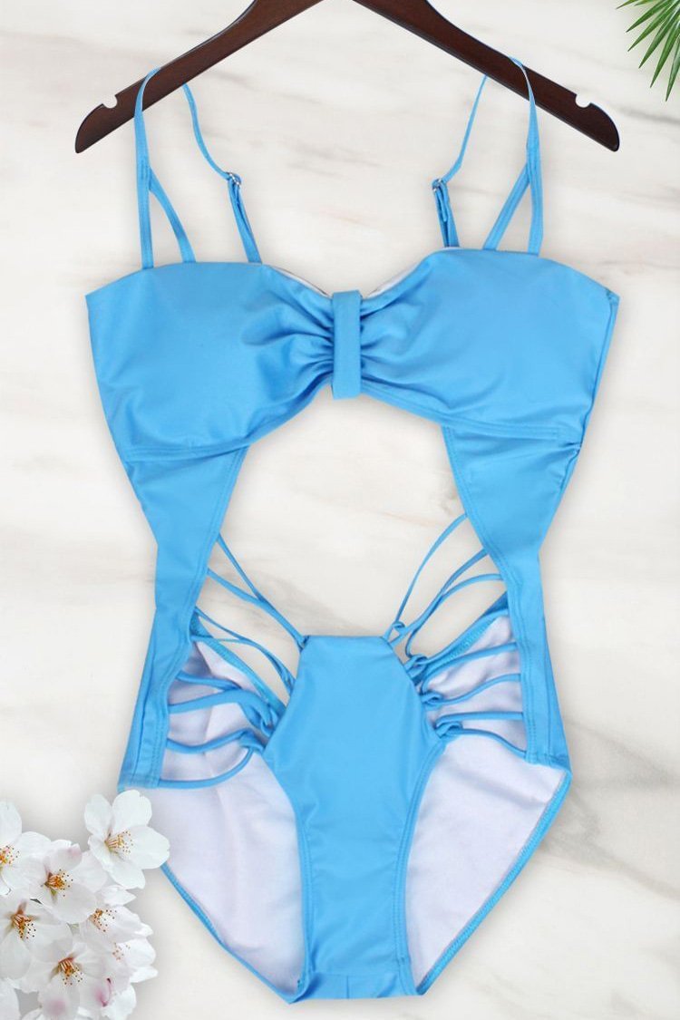 Blue Strappy Caged Cutout Sexy Monokini Swimsuit-elleschic