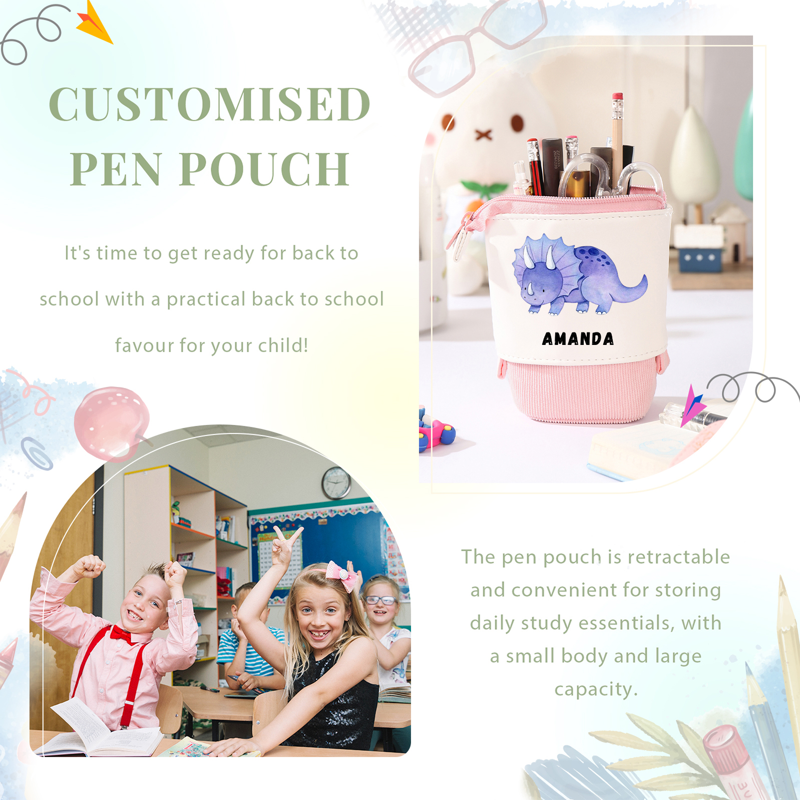 Astuccio per matite personalizzato con 1 nome e 1 dinosauro regalo per scuola elementare bambini