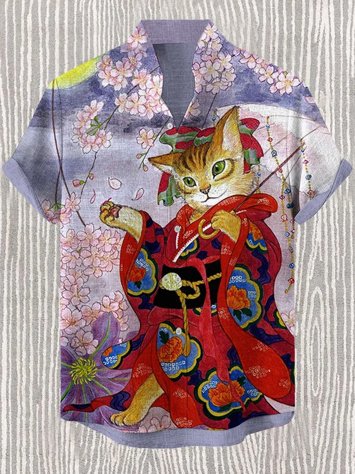 Men's Japanese Sakura Kimono Cat Art Print Casual Linen Blend Shirt