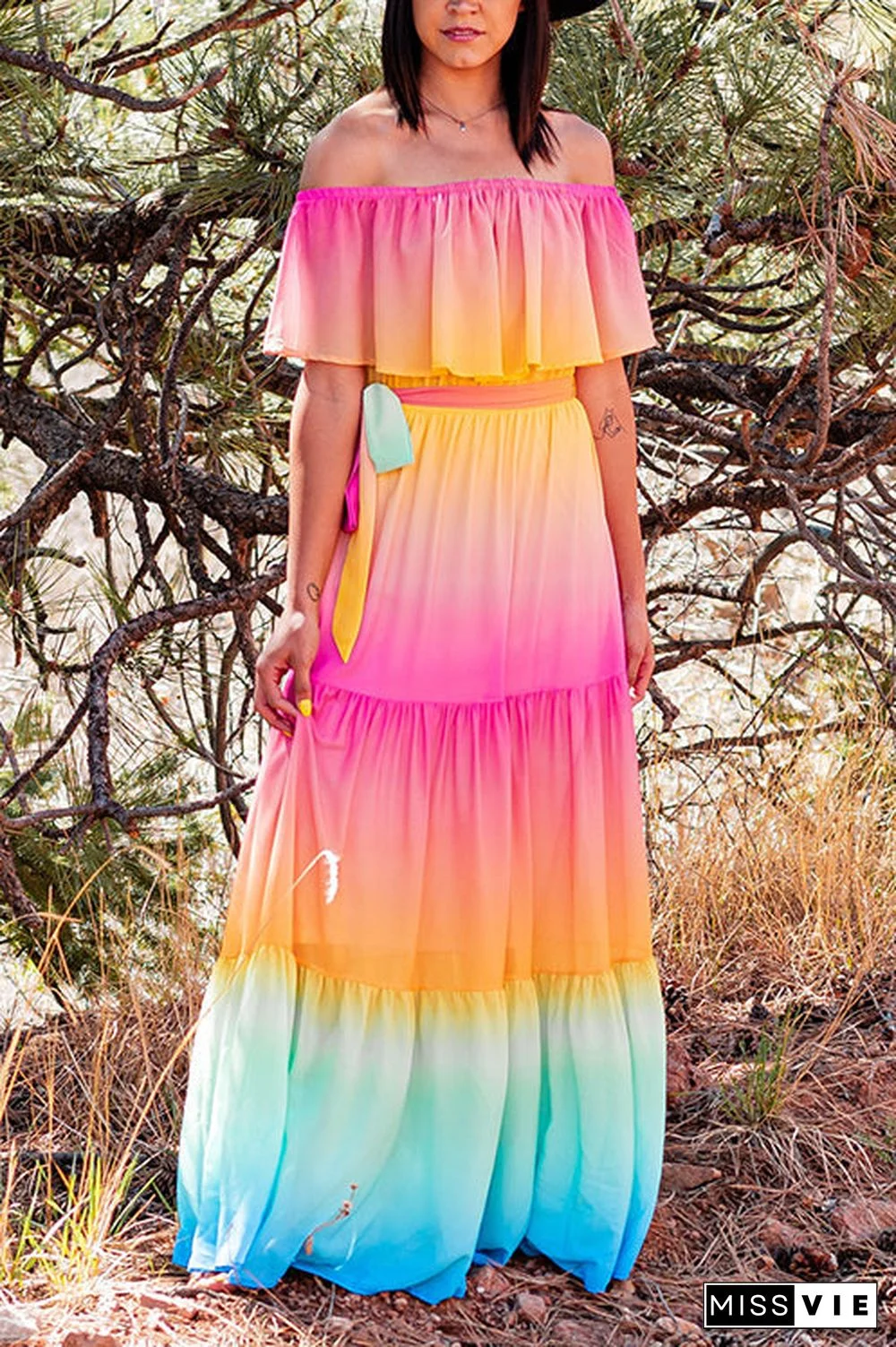 Gradient Off Shoulder Belted Maxi Dress