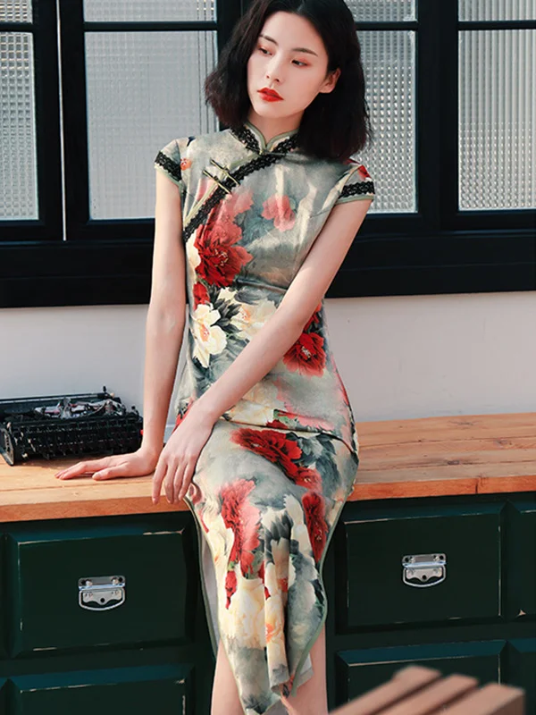 Tie-Dye Clashing Vintage Print High Split Short Sleeve Cheongsam Maxi Dress