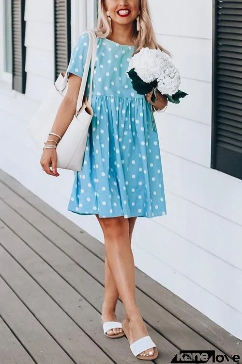 Dot Pockets Short Sleeve Swing Dress