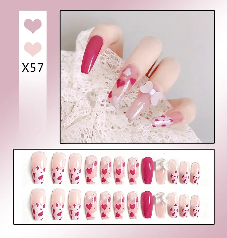 24Pcs/Set Nails Extension System Full Cover Coffin Medium Dripping Diamond Heart Shape Press on False Nail Tips-Nail Inspo