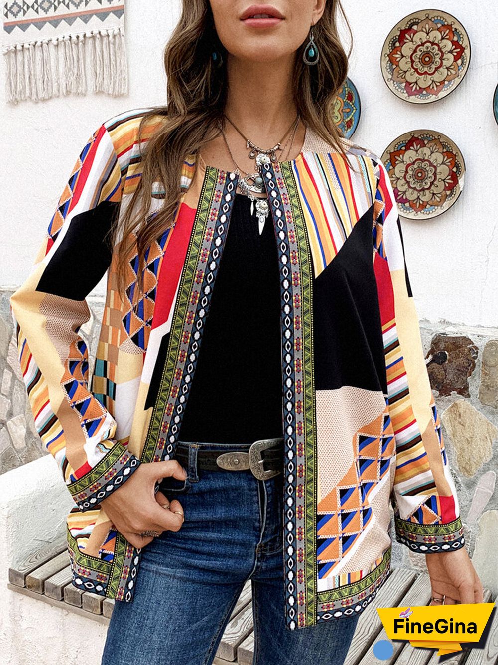Geometric Ethnic Print Patchwork Long Sleeve Vintage Jacket For Women