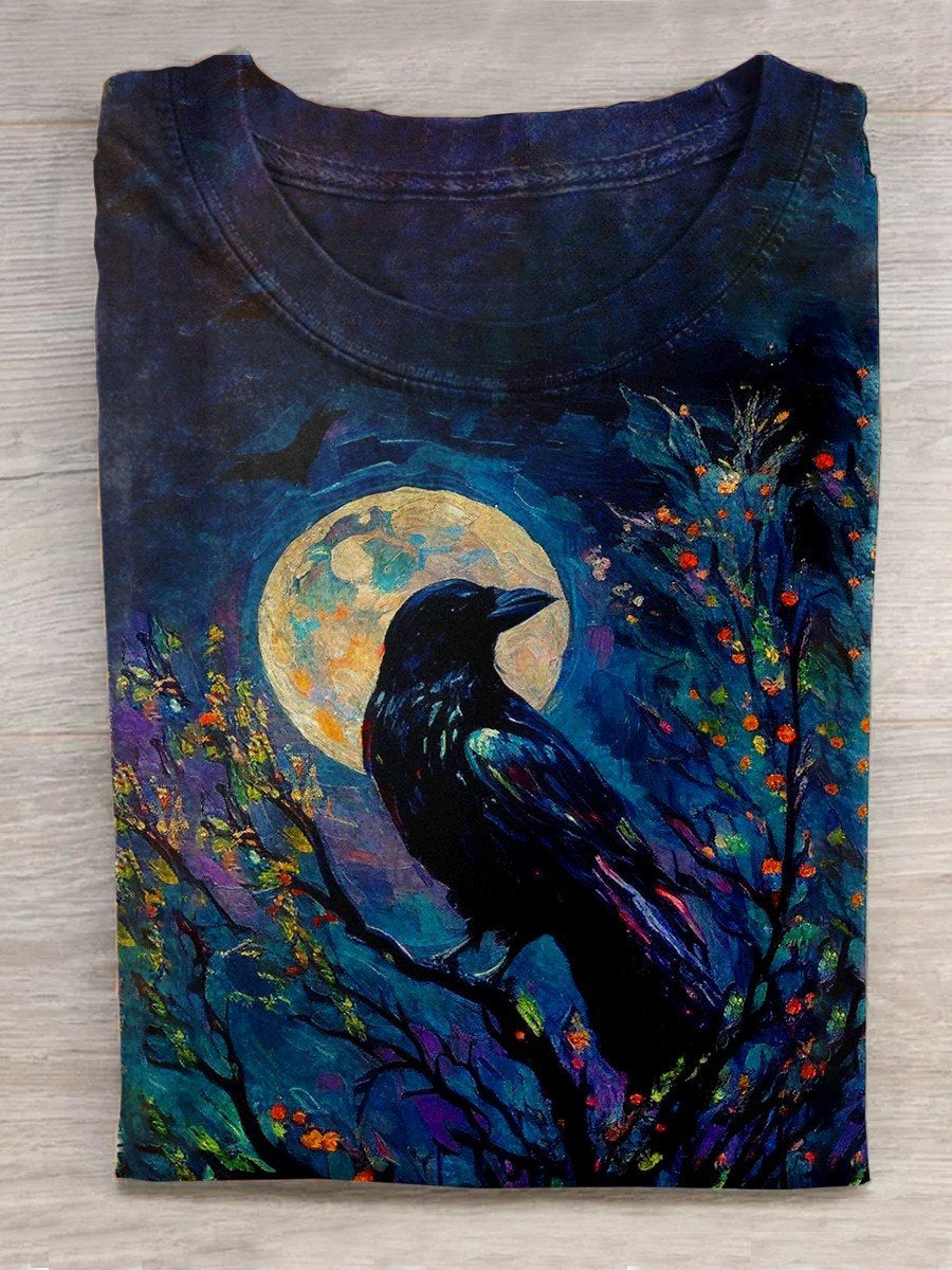 Unisex Halloween Raven Print Casual T-Shirt