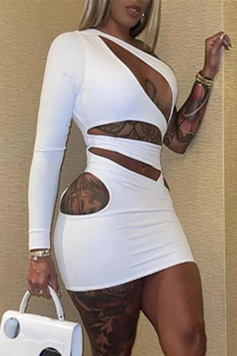 Sexy Solid Hollowed Out Backless Oblique Collar Long Sleeve Dresses