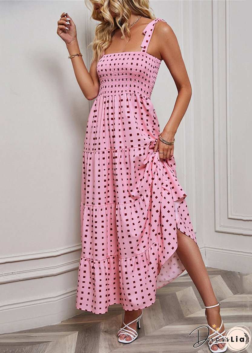 Pink Print Cotton Spaghetti Strap Dress Elastic Waist Summer