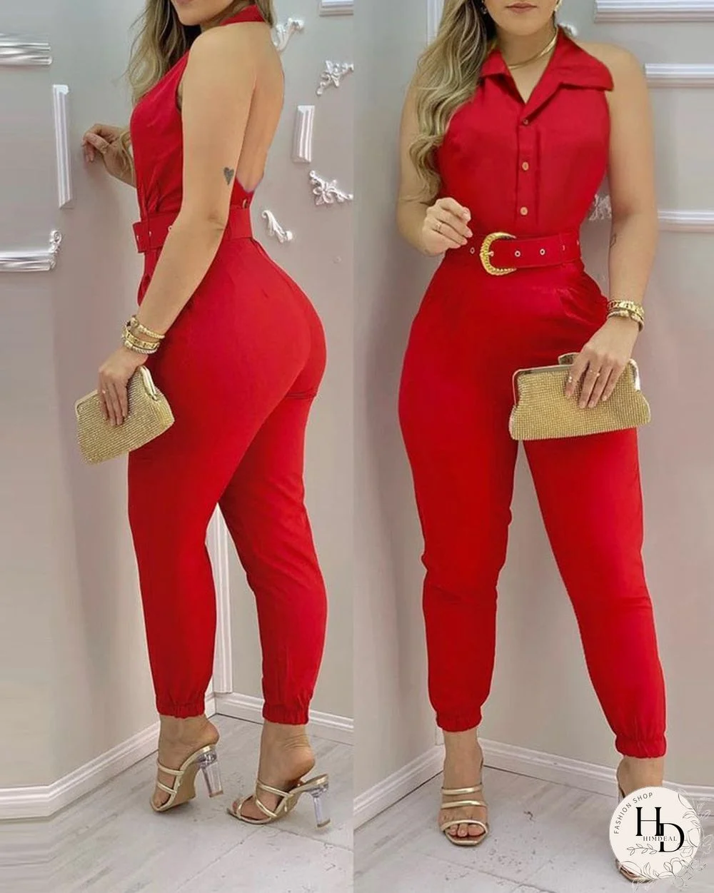 Women Summer Sping Plain Thick Strap Jumpsuit With Belt V-Neck Thick Strap Sleeveless Solid Casual