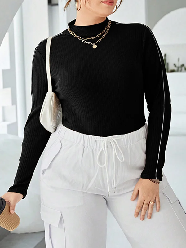 Contrast Color Long Sleeves Plus Size Mock Neck T-Shirts Tops