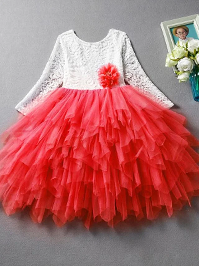 Kids Girls' Princess Party Daily Solid Colored Flower Lace Layered Long Sleeve Dress White / Cotton