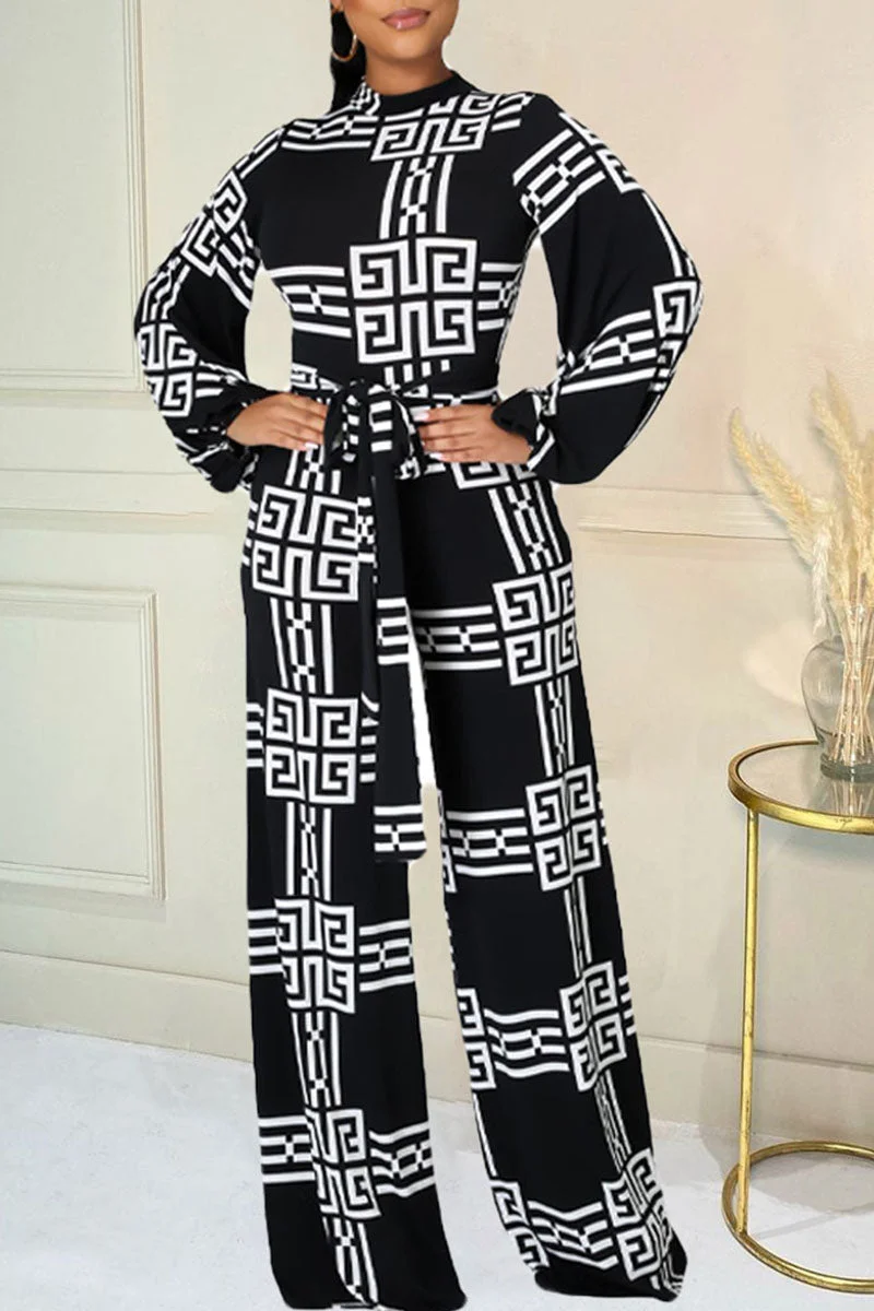 Casual Print Split Joint With Belt O Neck Straight Jumpsuits