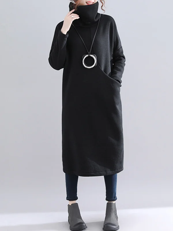 Minimalist Pure Color With Pocket High-Neck Long Sleeves Sweatshirt Dress