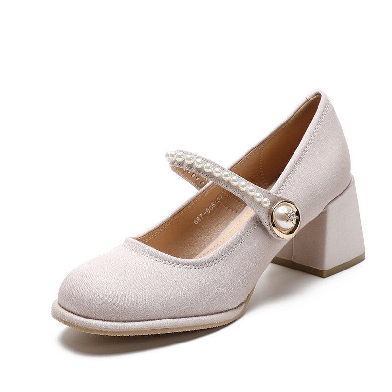 Fashion Women Pumps Retro Mary Janes Chunky Heels Sandals Spring Platform Dress Party Wedding Basic Shoes Woman Pearl High Heels