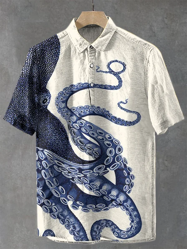 Men's Japanese Art Octopus Graphic Printed Casual Shirt