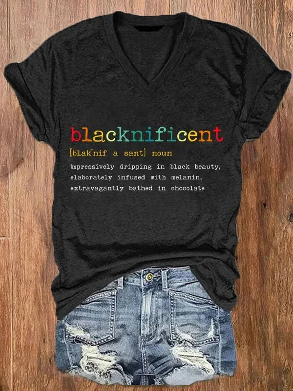 Women's Blacknificent Pride Black Beauty Print V-Neck T-Shirt