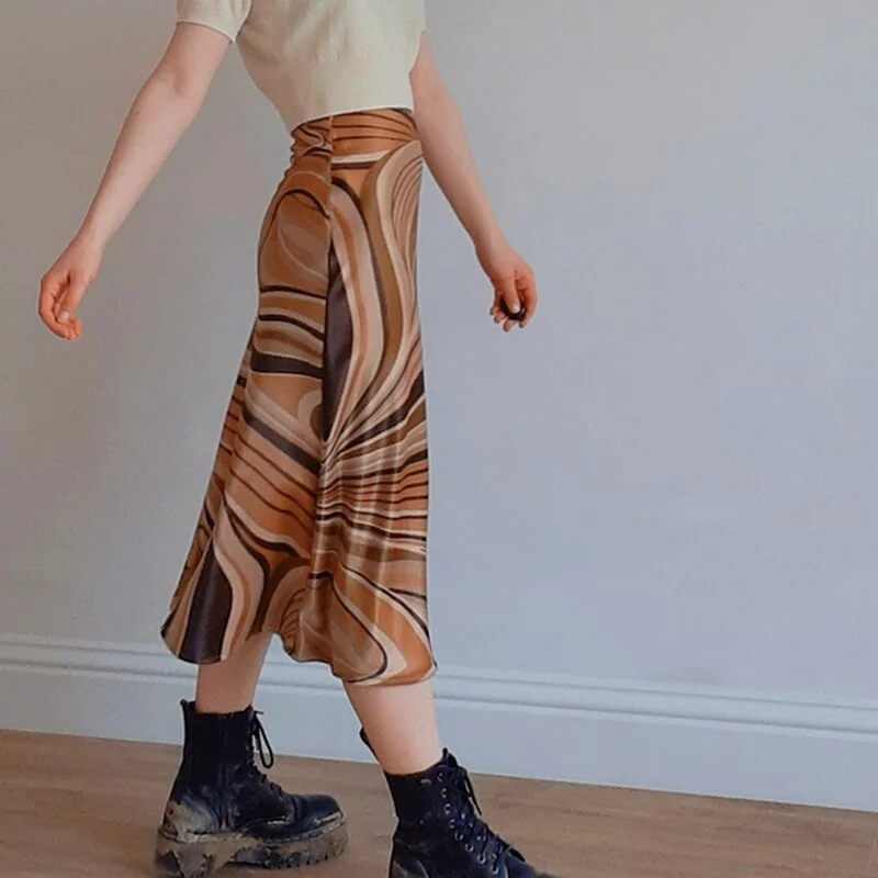 HEYounGIRL Casual Printed  Midi Skirt Women Brown A Line High Waist Elegant Skirts Ladies Summer Vintage Fashion Streetwear