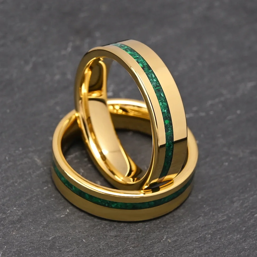 6MM Flat Electroplated Gold Tungsten Carbide Rings Green Malachite Couple Tungsten Wedding Bands