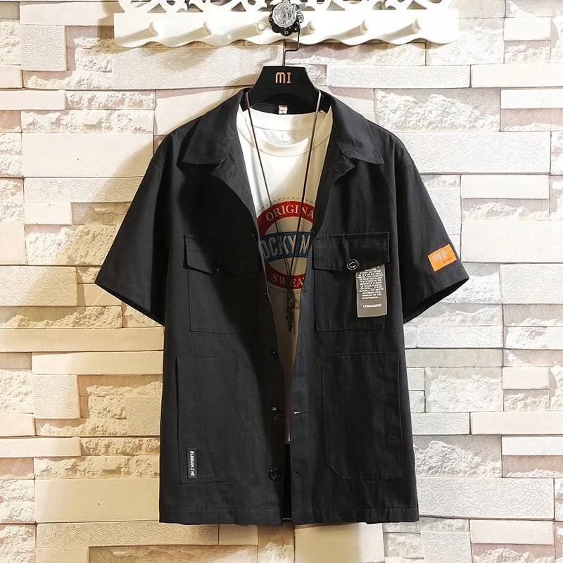 Solid Classic Brand 2021 Black Summer Men's Beach Shirt Fashion Short Sleeve Loose Pocket Casual Plus OverSIZE M-4XL 5XL