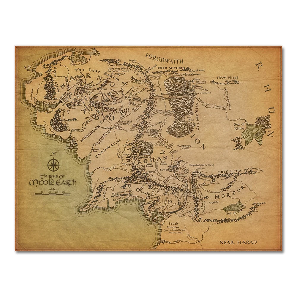 BANMU Middle Earth Retro Near HARAD City Map Wall Art Poster Vintage Map Wall Canvas Paintings Livingroom Home Decor
