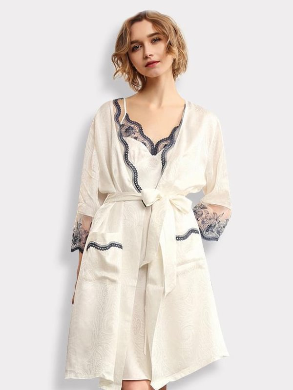 30 Momme Luxury Women's Design 2019 Lacey Silk Robe Set-Two Pieces-Real Silk Life