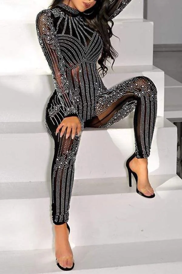 Sexy See-Through Hot Drilling Decorative Jumpsuits