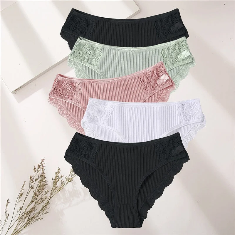 FINETOO 5PCS/Set Women Cotton Underwear Panties Floral Lace Soft Intimates Underpant For Woman Sexy Ladies M-XXL Lingerie Panty