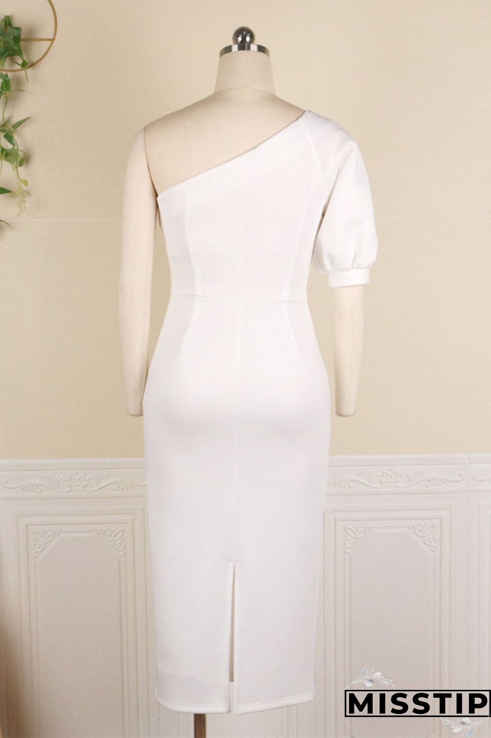 White Fashion Casual Solid Backless Slit Oblique Collar Short Sleeve Dress