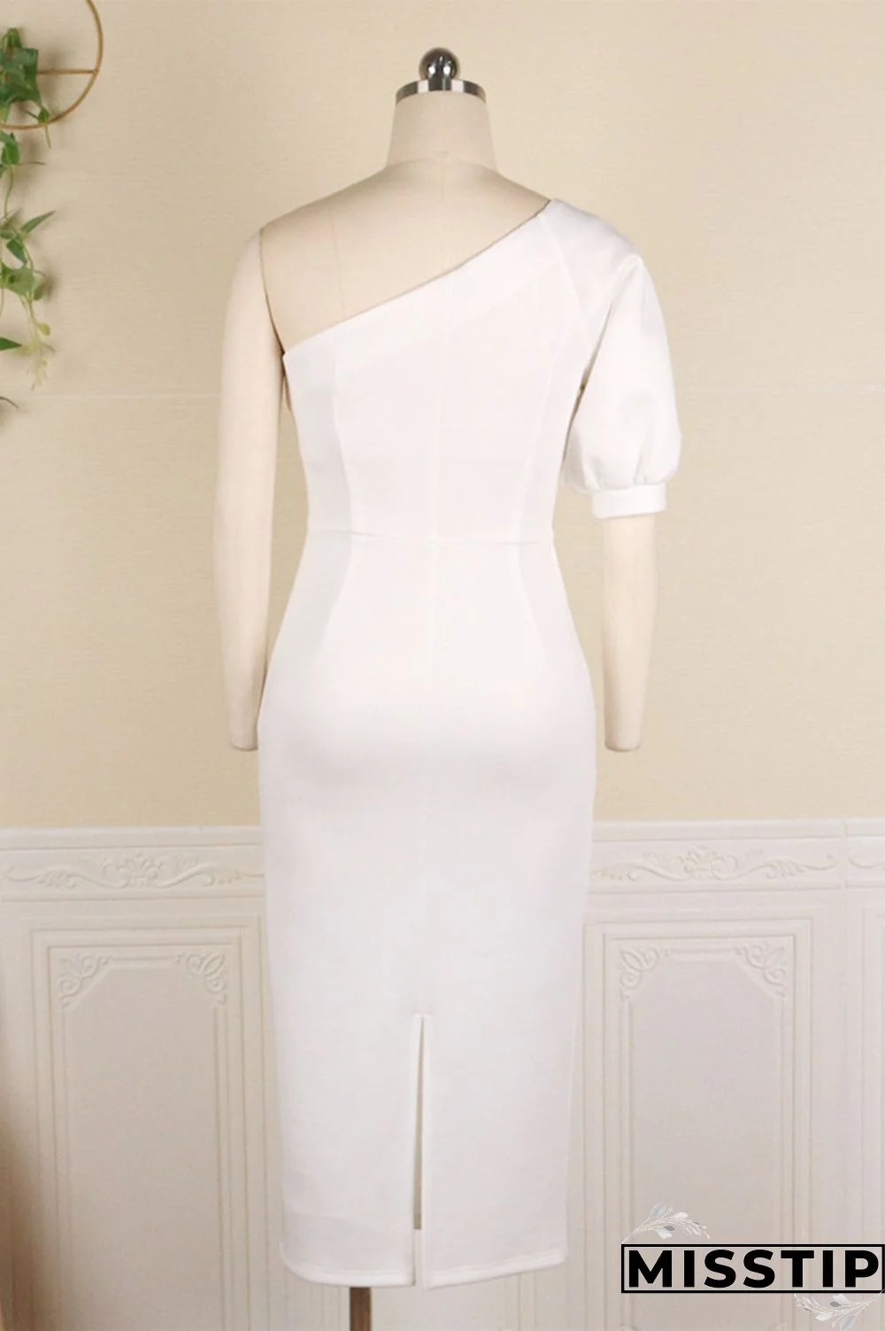 White Fashion Casual Solid Backless Slit Oblique Collar Short Sleeve Dress