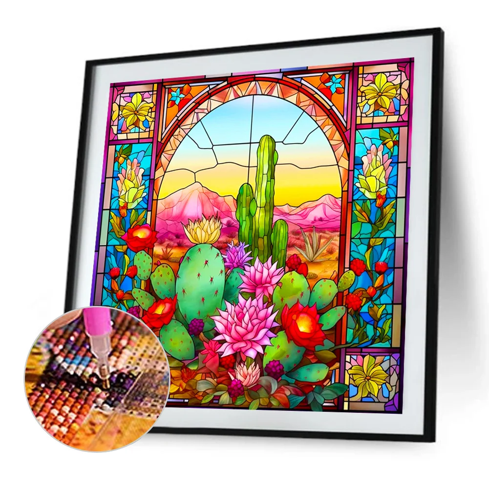 Diamond Painting - Full Round Drill - Stained Glass Cactus(Canvas|40*40cm)