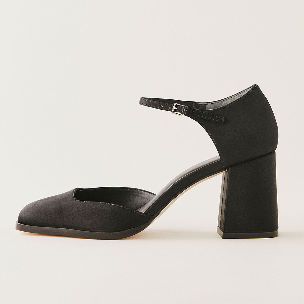 Black Satin Closed Square Toe Block Heel Buckle Strappy Pumps Shoes Nicepairs