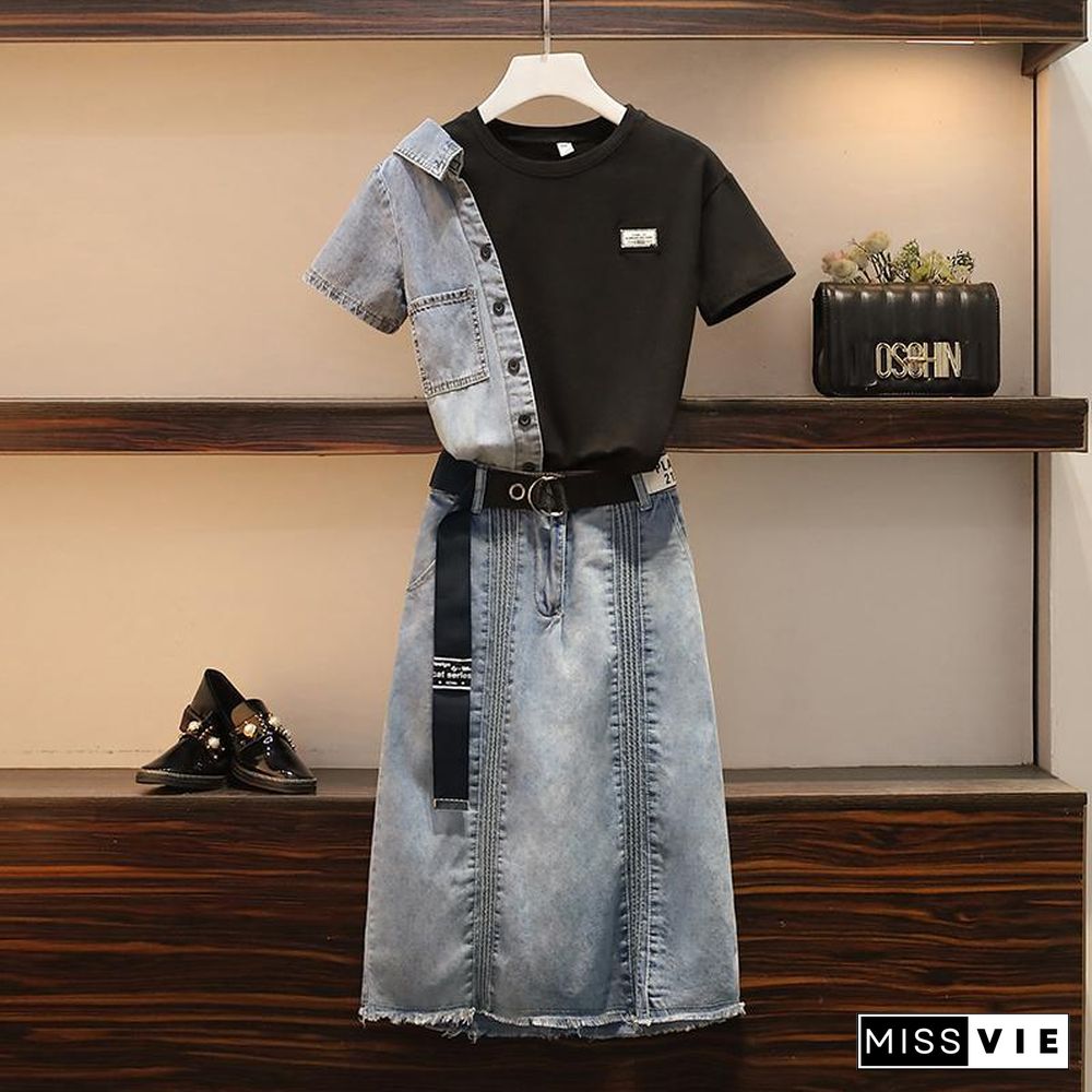 Fashion Colorblock Denim Two-Piece Set P11536