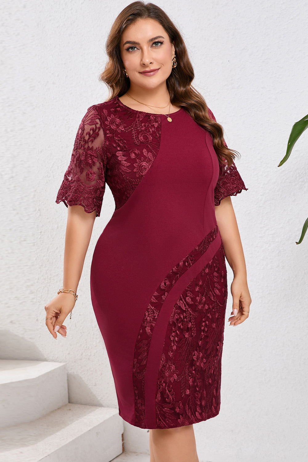Plus Size Wedding Guest Sky Blue Lace Embroidery Bodycon Midi Dress 2024 - Flycurvy 