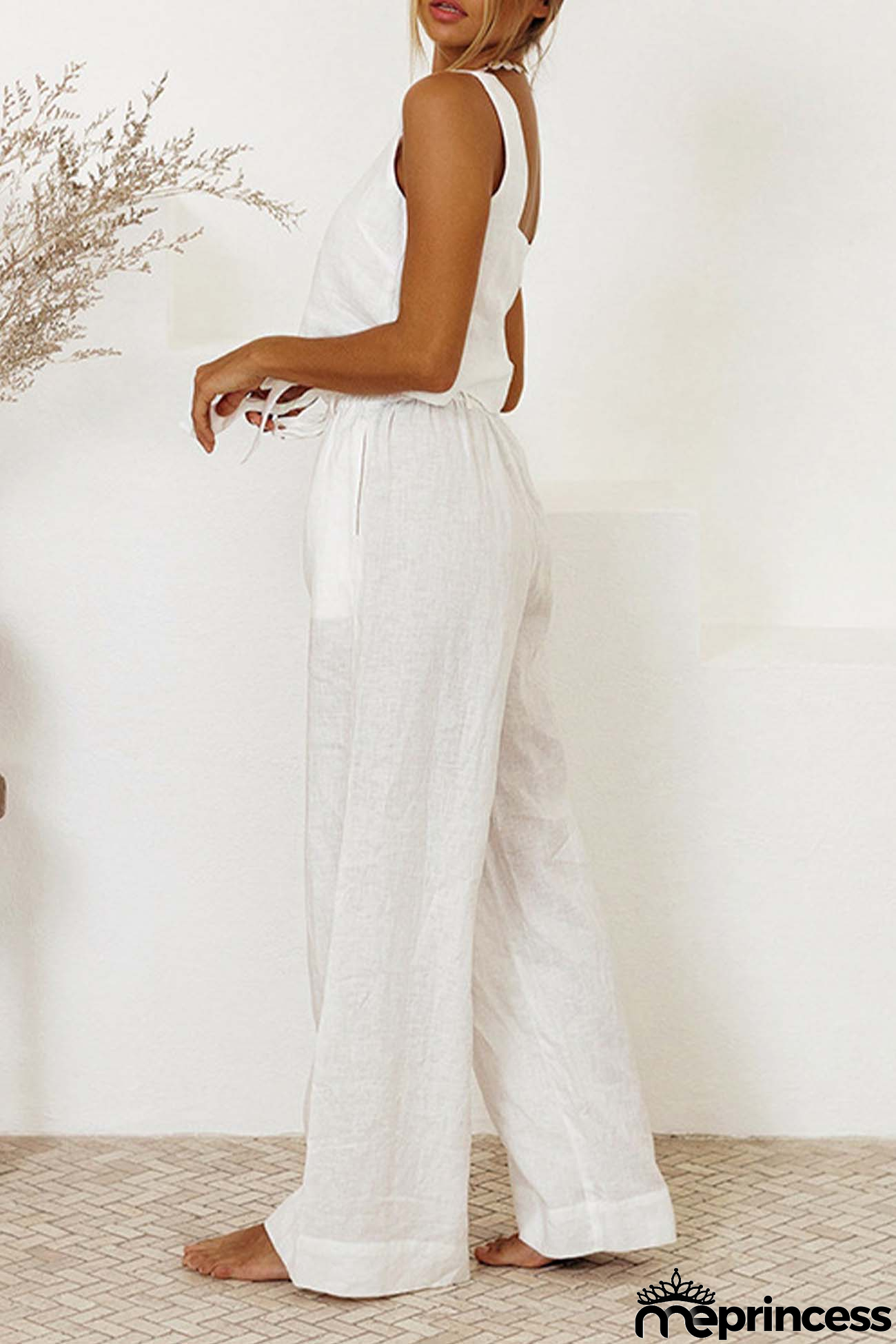 Cotton Waist-Tie Square Neck Pants Set