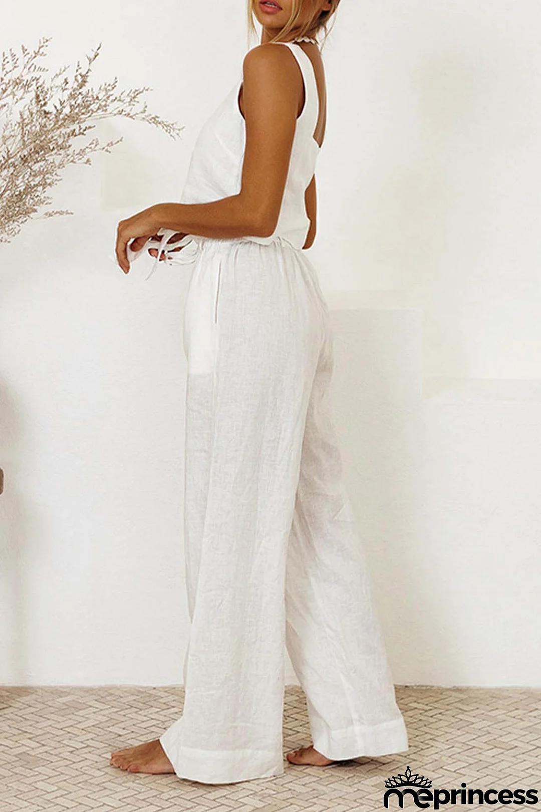 Cotton Waist-Tie Square Neck Pants Set