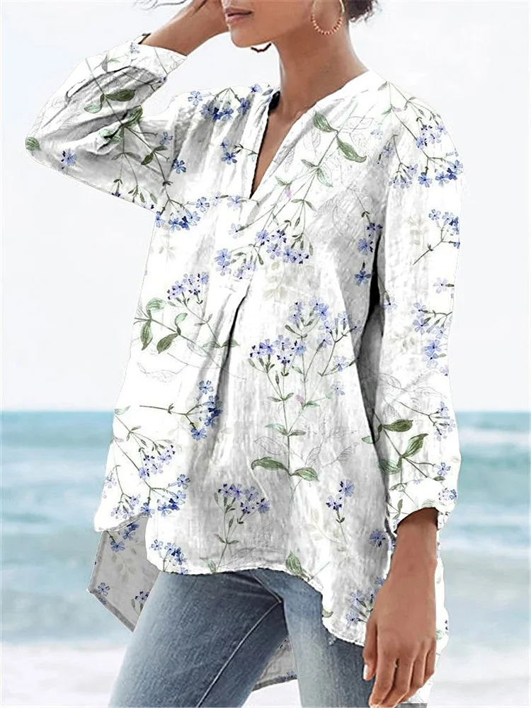 Women's Blue Floral Print On White Background Print Casual Linen V-neck Shirt