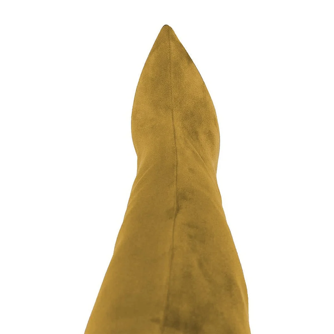 Olive Vegan Suede Pointed Toe Flared Heel Thigh High Boots by YDN