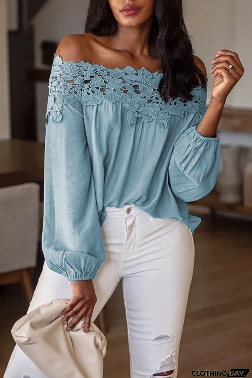 Sky Blue Blooming Lace Off The Shoulder Top