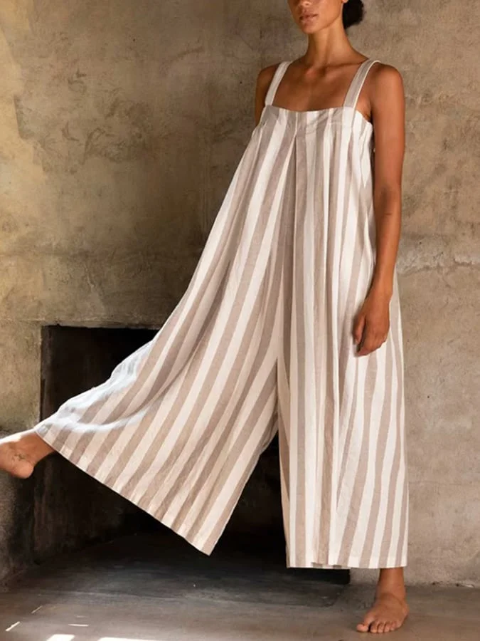 Women'S Casual Striped Cotton And Linen Jumpsuit 
