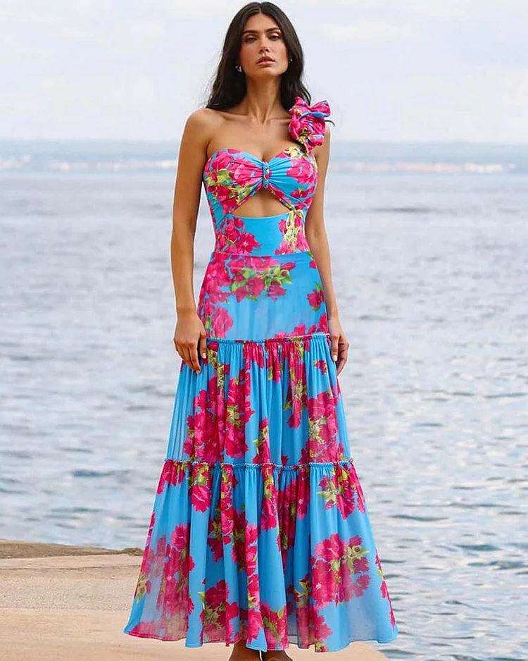 Ruffle Removable Shoulder Strap Pink Bougainvillea Flower Printed