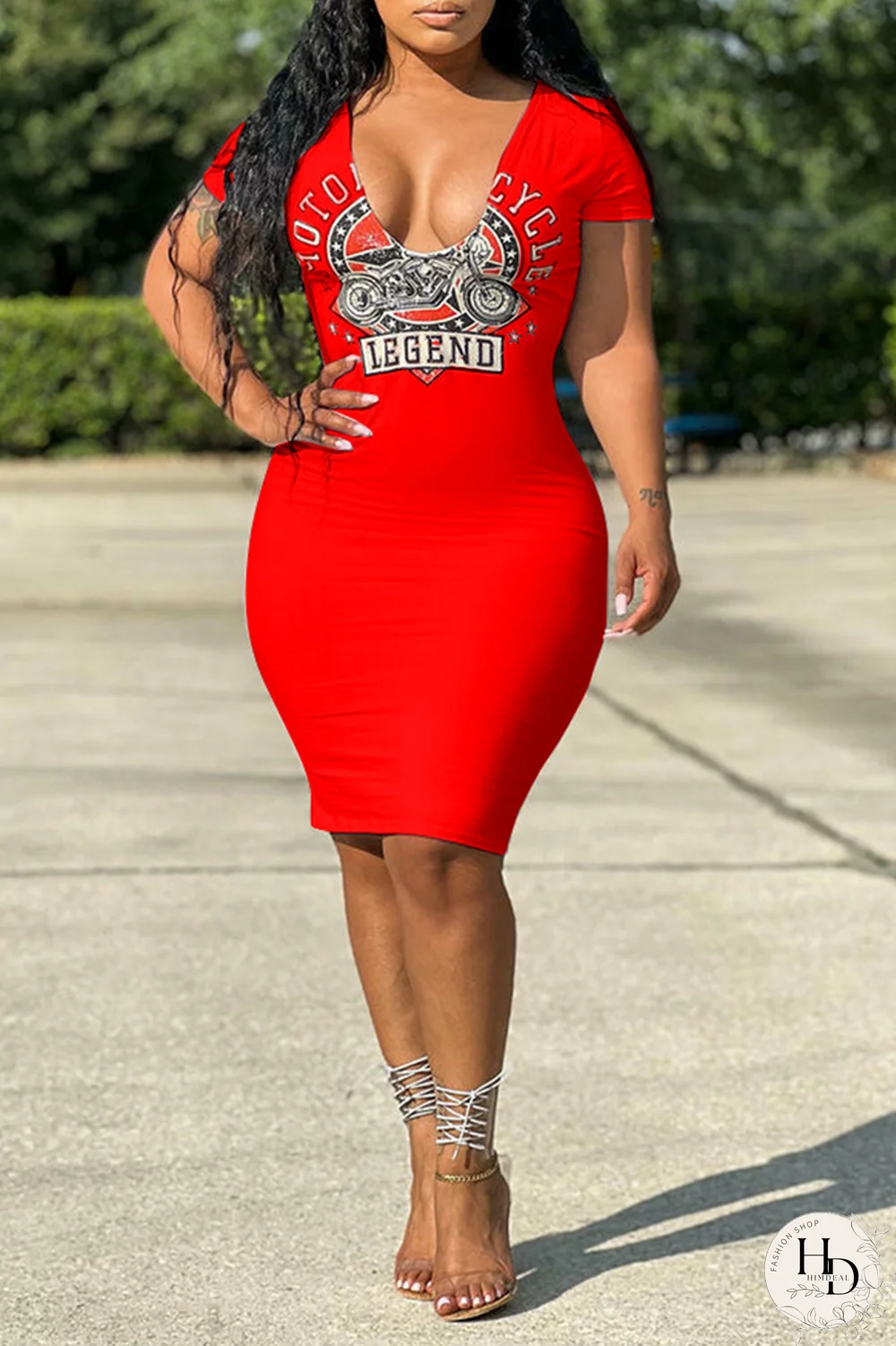 Tangerine Red Fashion Print Patchwork V Neck Pencil Skirt Dresses