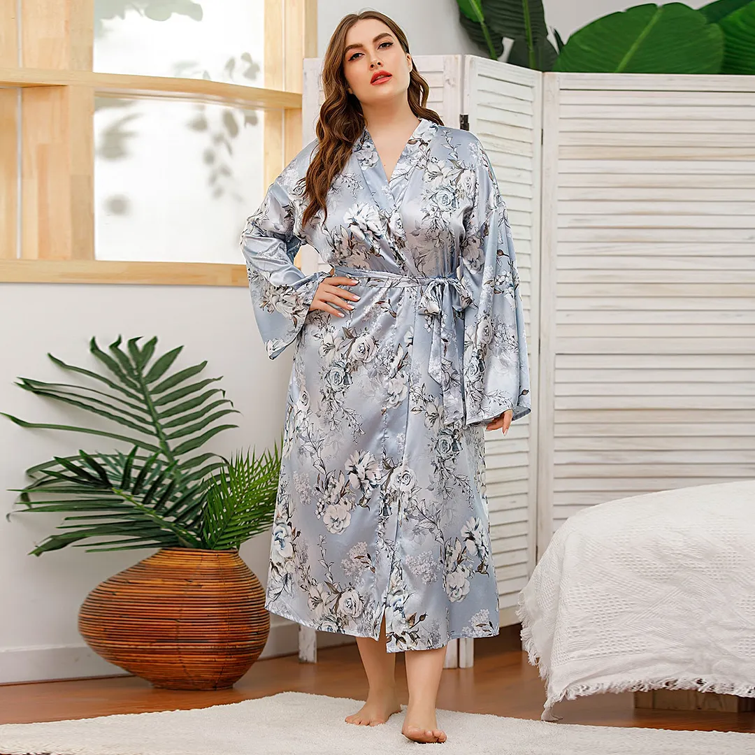 Sdrawing Sdrawing Lady Nightglove Color Lacette Simulation Silk Printing Fat Home Clothes Long-Sleeved Bathrobe Woman