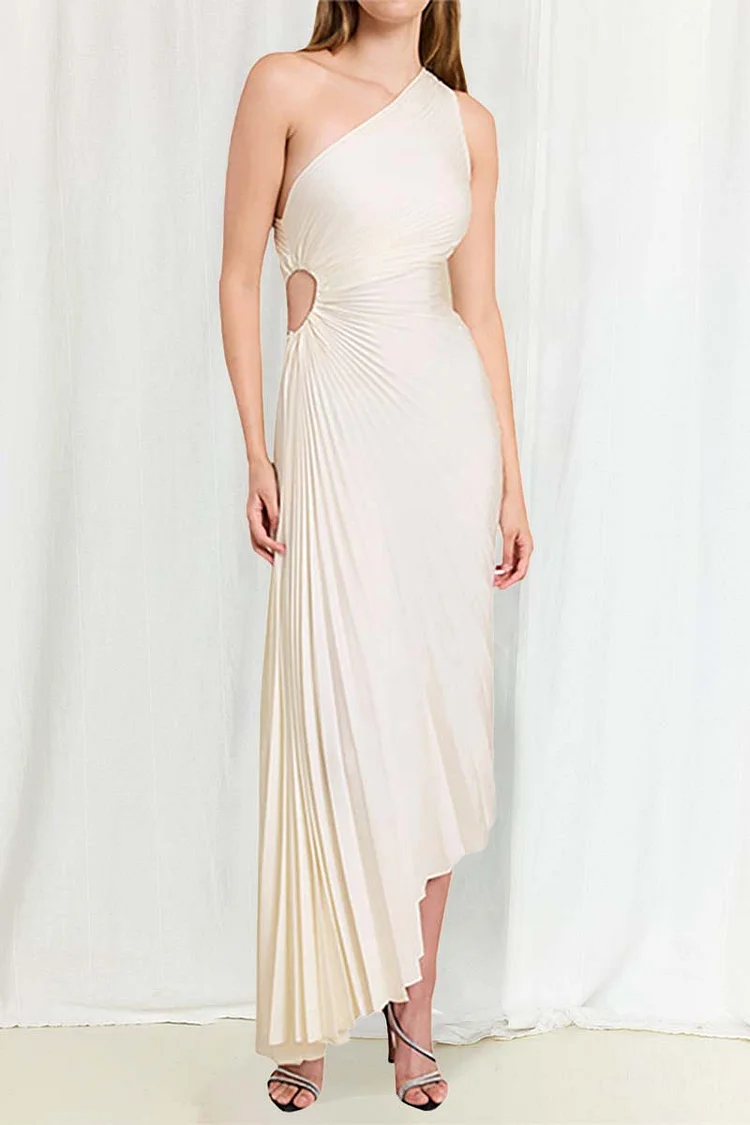 Satin Elegant One Shoulder Cutout Pleated Ruched Irregular Hem Wedding Guest Maxi Dresses