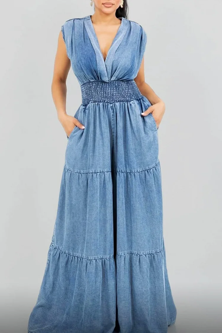 Plus Size Business Casual Blue V Neck Pocket Casual Smocking Denim Jumpsuits [Pre-Order] 2024 - Xpluswear