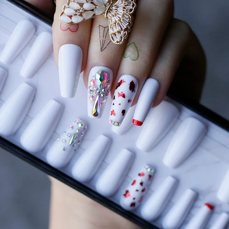 Rainbow nails Gel Coffin False Nails Press On Gift Box Handmade Rhinestone art Ballet Fake nails-Nail Inspo