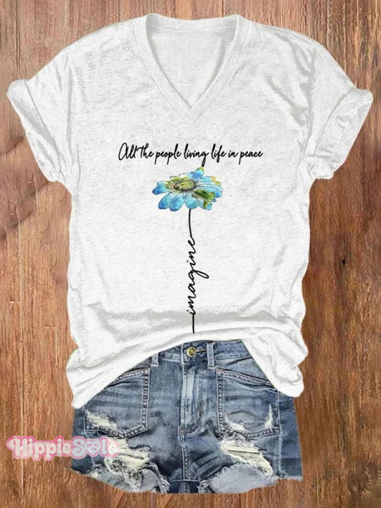 Imagine All The People Living Life In Peace Art Casual T-Shirt White / S