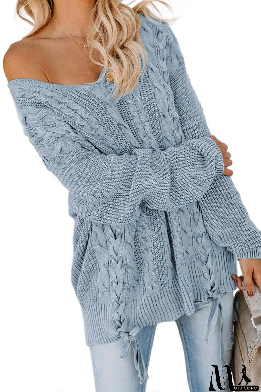 MidiSono - Love Letters Cable Knit Lace Up Sweater