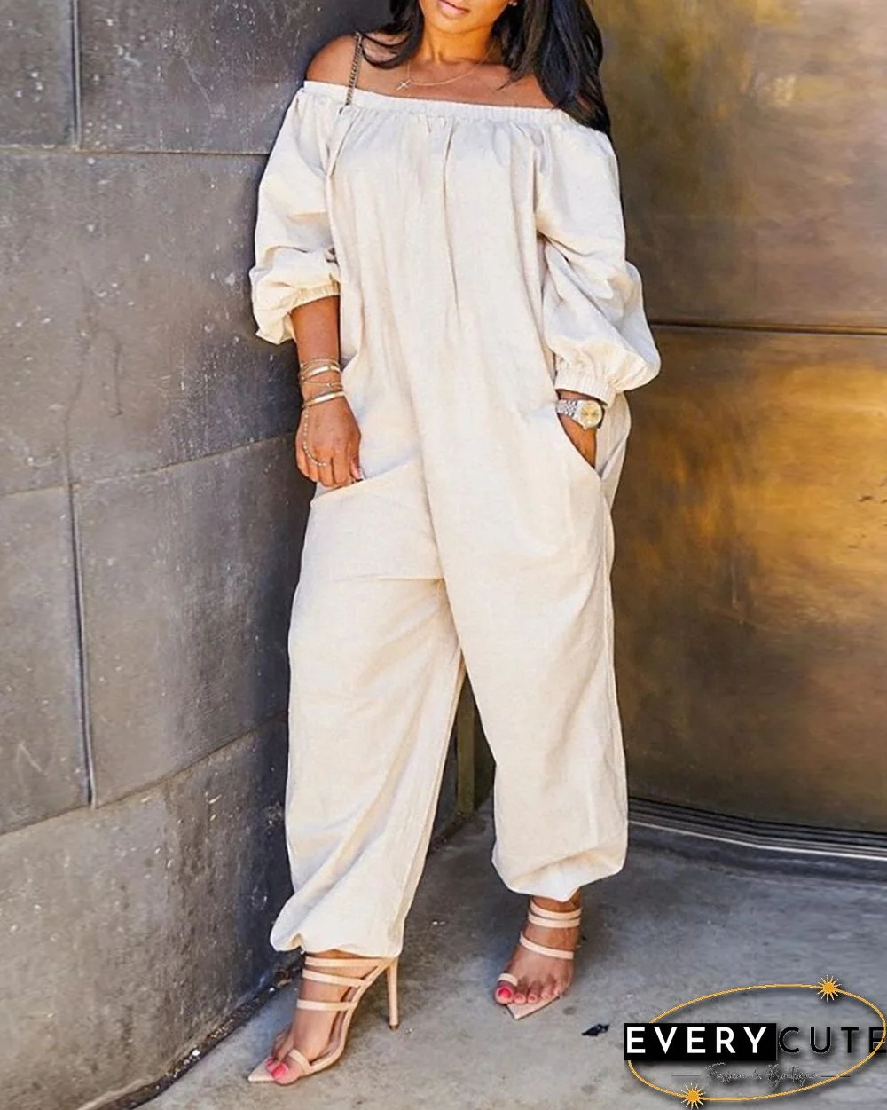 Off Shoulder Solid Lantern Sleeve Jumpsuit