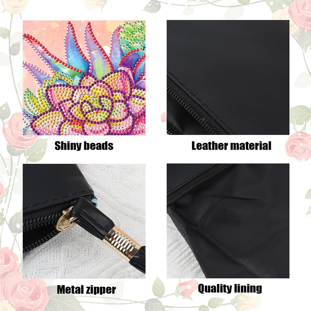 DIY Succulent PU Partial Special Shaped Diamond Painting Wallet Makeup Bag